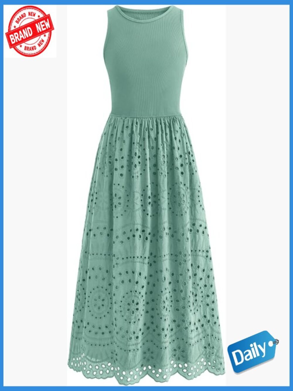 Sleeveless Crewneck A-Line Boho Lace Eyelet Cotton Tank Maxi Dress with Pockets